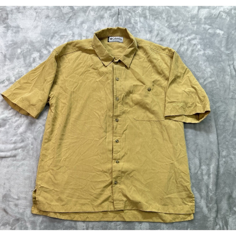 Columbia GRT Mens L Short Sleeve Button Up Fishing Shirt Yellow/Gold Viscose Dad